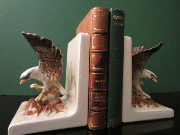 White Ceramic Bookends Hand Painted Eagles