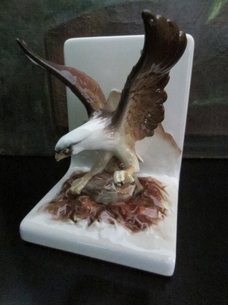 White Ceramic Bookends Hand Painted Eagles