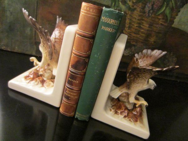 White Ceramic Bookends Hand Painted Eagles