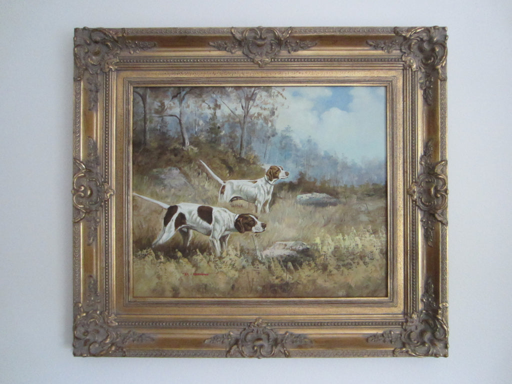 B Remington Hounds Oil On Canvas Hunting Scene Gilt Wood Frame Signed By Artist - Designer Unique Finds 