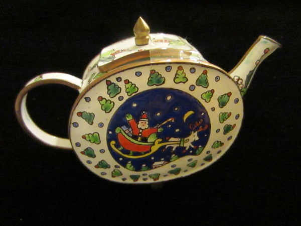 White Enamel Teapot Style Christmas Theme Trinket Box - Designer Unique Finds 