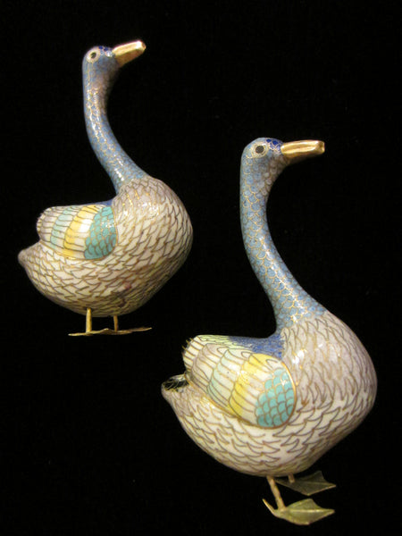 Asian Pair Of Cloisonne Ducks Golden Beaks