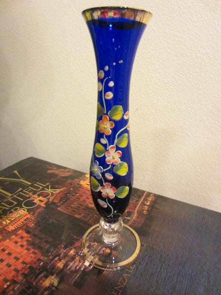 Bud Vase Glass Stem Hand Painted Colored Flowers Enameling - Designer Unique Finds 
 - 1