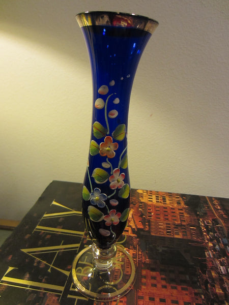 Bud Vase Glass Stem Hand Painted Colored Flowers Enameling - Designer Unique Finds 
 - 3