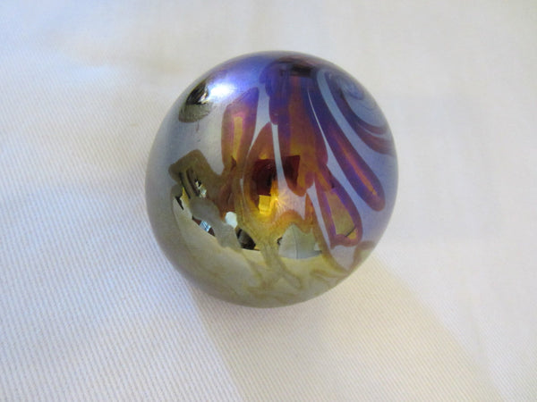 OBG Ocean Wave Signed Iridized Glass Paperweight Blue Silver