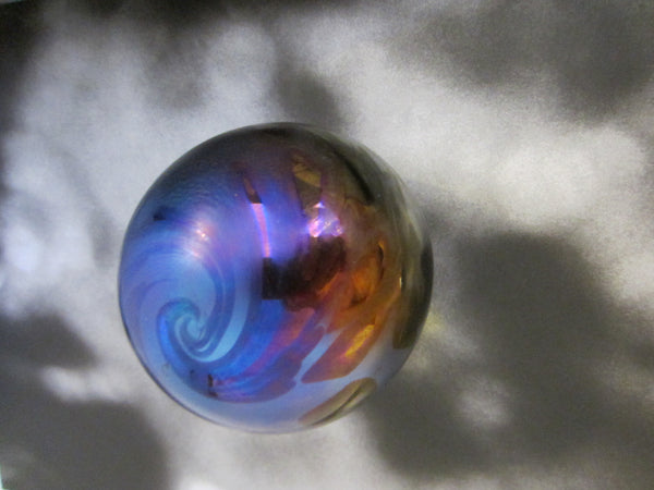 OBG Ocean Wave Signed Iridized Glass Paperweight Blue Silver