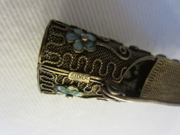 Asian Silver Mesh Finger Guard Brooch Plated Cloisonne Cabochon Stones - Designer Unique Finds 
 - 4