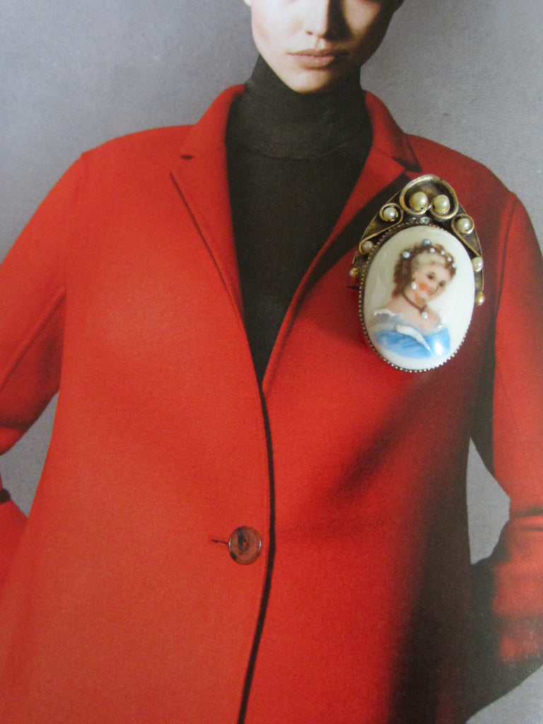 Vintage Limognes France Porcelain Lady In Red Cameo Brooch/Pendant