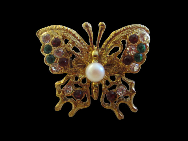Butterfly Scarf Clip Colored Semi Precious Stones Center Pearl - Designer Unique Finds 