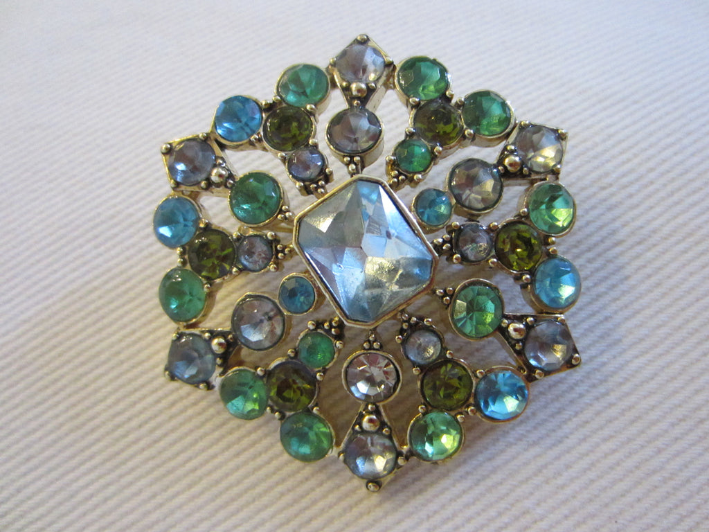 LC Designer Brooch Decorated Blue Green Glass Gems - Designer Unique Finds 
 - 1