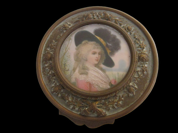 Victorian Bronze Powder Box Crystal Round Mirrored Signed Portrait Painting - Designer Unique Finds 
