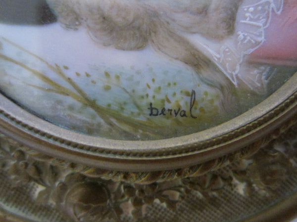 Victorian Bronze Powder Box Crystal Round Mirrored Signed Portrait Painting - Designer Unique Finds 