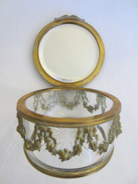 Victorian Bronze Powder Box Crystal Round Mirrored Signed Portrait Painting - Designer Unique Finds 