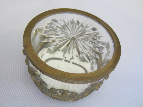 Victorian Bronze Powder Box Crystal Round Mirrored Signed Portrait Painting - Designer Unique Finds 