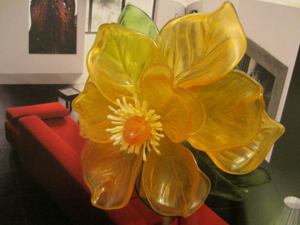 Yellow Bloom Stemmed Lucite Folk Art Flower - Designer Unique Finds 