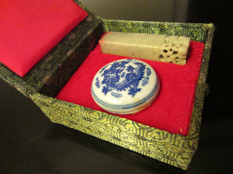 Chinese Miniature Blue Dragon Porcelain Ink Box Stamp Set - Designer Unique Finds  - 1