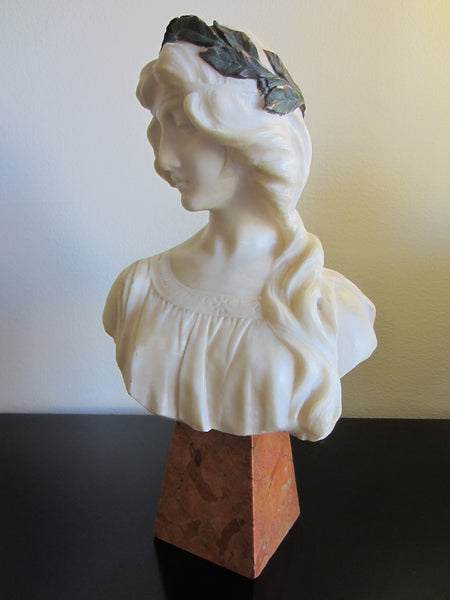 Antonio Frilli Firenze Alabaster Signed Portrait Bust On Deco Marble Stand