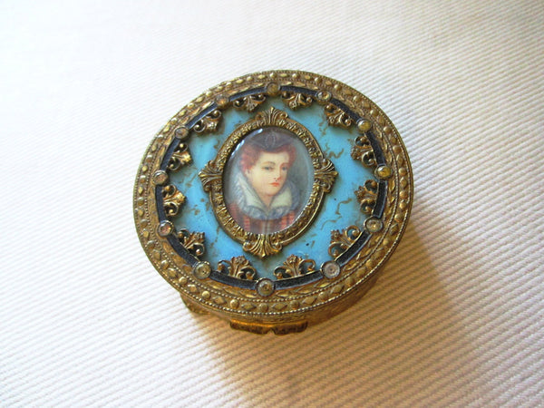 Victorian Champleve Italian Gilt Bronze Jeweled Portrait Compact - Designer Unique Finds 