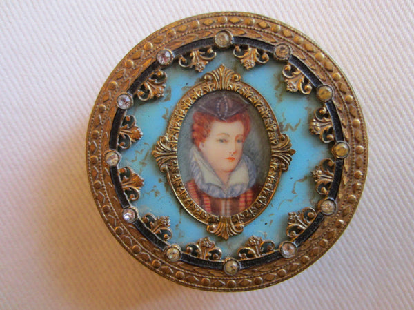 Victorian Champleve Italian Gilt Bronze Jeweled Portrait Compact - Designer Unique Finds 