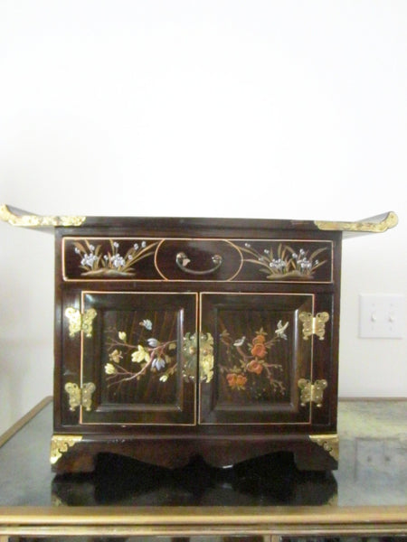 Asian Altar Jewerly Cabinet Floral Enameling Butterfly Brass Hinged Hardware - Designer Unique Finds 
 - 3