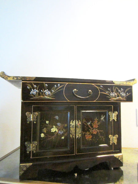 Asian Altar Jewerly Cabinet Floral Enameling Butterfly Brass Hinged Hardware - Designer Unique Finds 
 - 2