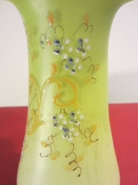 Satin Opalescent Ribbed Glass Vase Scrolled Enameling Beading Flowers - Designer Unique Finds 