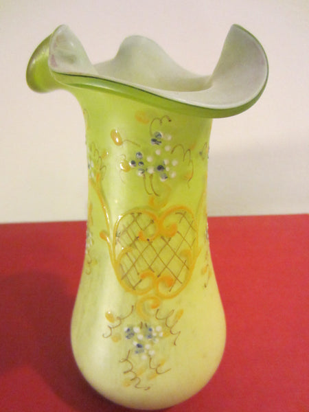 Satin Opalescent Ribbed Glass Vase Scrolled Enameling Beading Flowers - Designer Unique Finds 