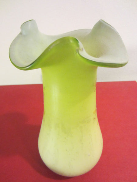 Satin Opalescent Ribbed Glass Vase Scrolled Enameling Beading Flowers - Designer Unique Finds 