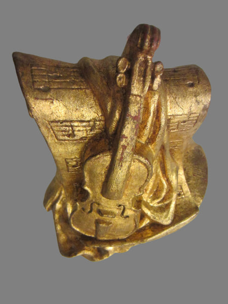 Golden Violin Chalk Ware Music Inspire Bookend - Designer Unique Finds 