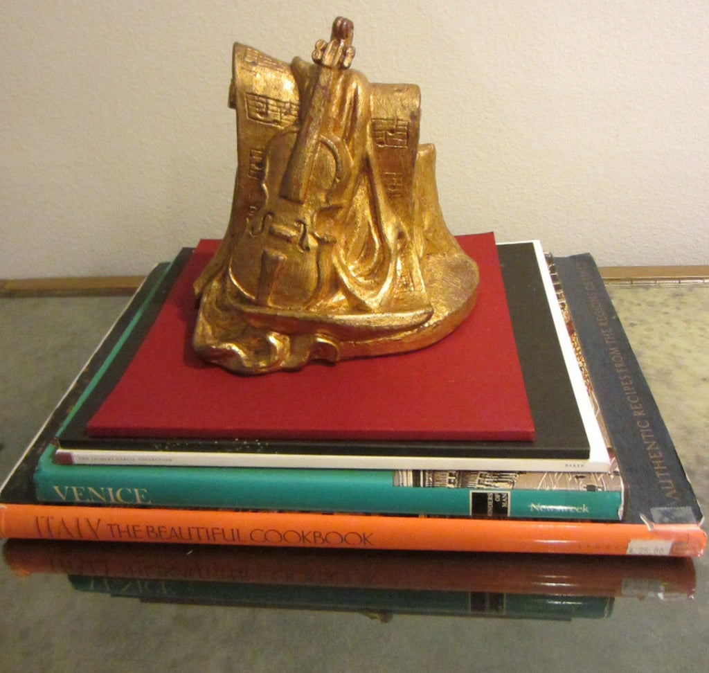 Chalk Ware Violin Bookend Sculpture Painted Gold - Designer Unique Finds 
 - 1