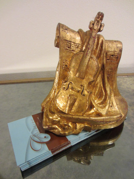Golden Violin Chalk Ware Music Inspire Bookend - Designer Unique Finds 