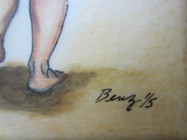 Benz Portrait Drawing Gauche Signed Numbered In Brown Velvet Frame - Designer Unique Finds 