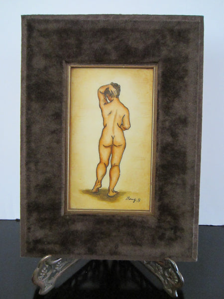 Benz Portrait Drawing Gauche Signed Numbered In Brown Velvet Frame - Designer Unique Finds 