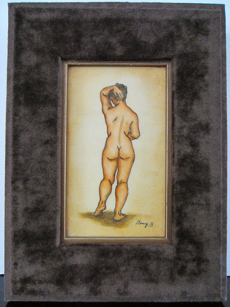 Benz Portrait Drawing Gauche Signed Numbered In Brown Velvet Frame - Designer Unique Finds 