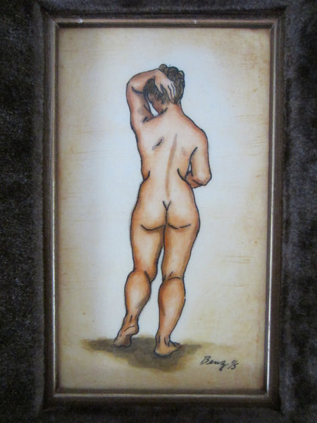Benz Portrait Drawing Gauche Signed Numbered In Brown Velvet Frame - Designer Unique Finds 