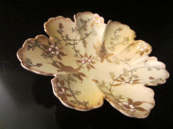 Oriental Scallop Bowl Gold Silver Porcelain Enameled Flowers - Designer Unique Finds 