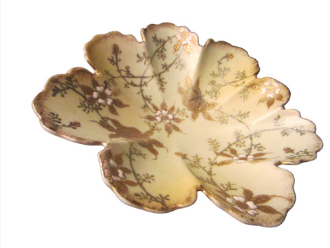Oriental Scallop Bowl Gold Leaf Silver Porcelain Enameled Flowers - Designer Unique Finds 