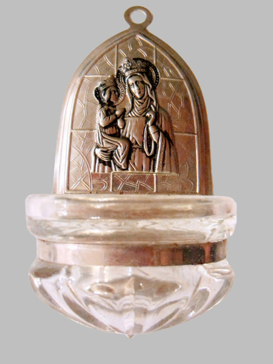 Mary Son Silver Folk Art Glass Holy Water Font 