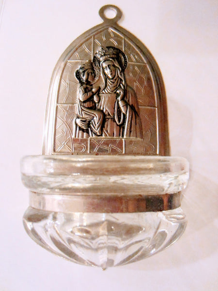 Mary Son Silver Folk Art Glass Holy Water Font 