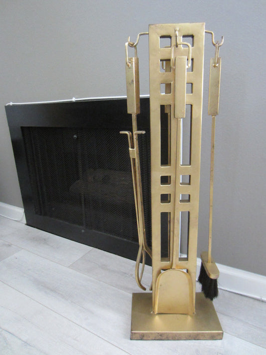 Brass Modernist Hollywood Style Fireplace Tools Set - Designer Unique Finds 
