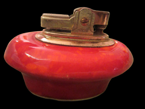 American Red Ceramic Table Lighter Brass Top Made in Japan