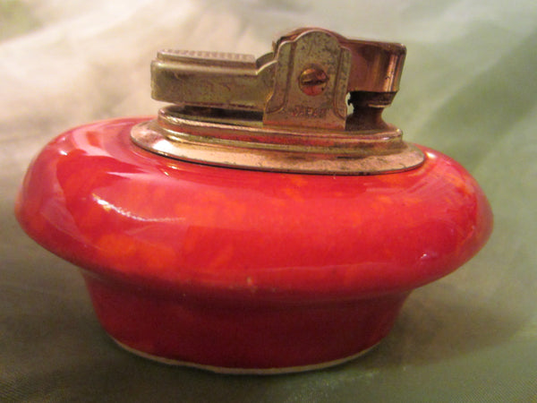 American Red Ceramic Table Lighter Brass Top Made in Japan