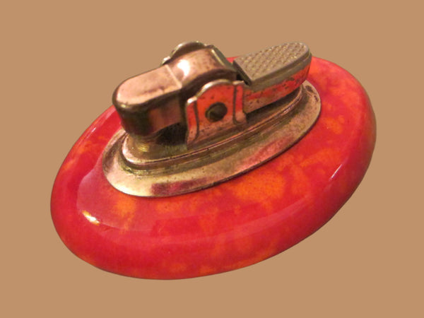 American Red Ceramic Table Lighter Brass Top Made in Japan
