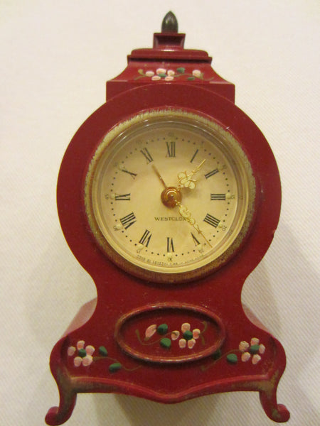 Westclox Burgundy Mantle Clock Hand Wind Alarm Footed Floral Medallion - Designer Unique Finds 