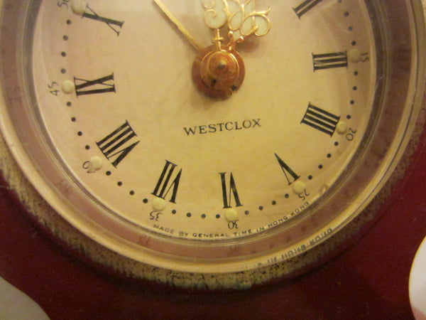 Westclox Burgundy Mantle Clock Hand Wind Alarm Footed Floral Medallion - Designer Unique Finds 