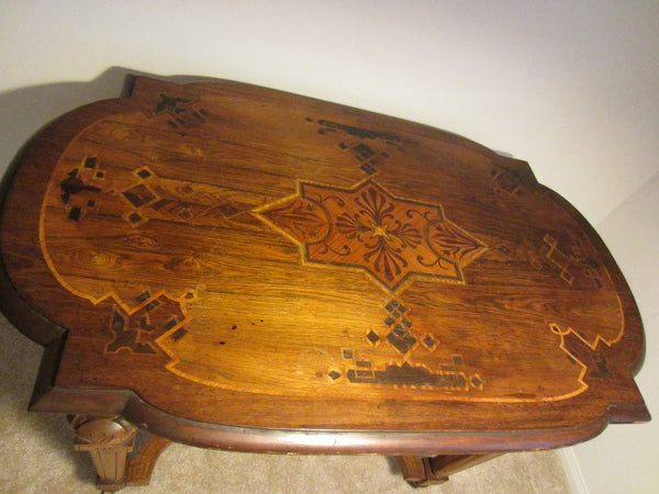 Antique French Walnut Rolling Library Table Inlaid Marquetry
