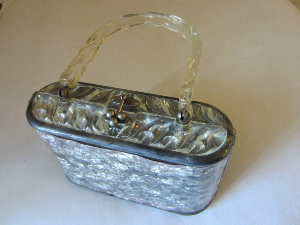 Retro Lucite Box Purse Pearl Style Gray Silver Clear Lucite Handle –  Designer Unique Finds