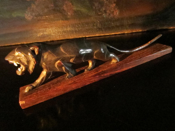Art Deco Roaring Panther Curved Horn Hand Decorated Wood Stand - Designer Unique Finds 
 - 1