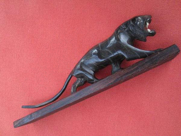Art Deco Roaring Panther Curved Horn Hand Decorated Wood Stand - Designer Unique Finds 
 - 7