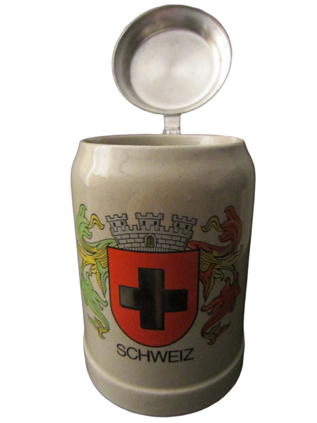 Gerz West Germany Schweiz Pewter Lid Ceramic Stein - Designer Unique Finds 